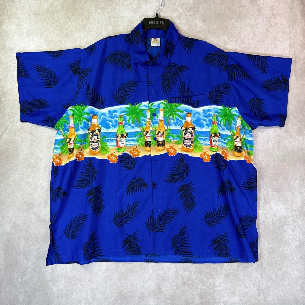 Rima Shirt Men XXL Blue Tropical Beer Palm Graphic Button Party Aloha Caribbean